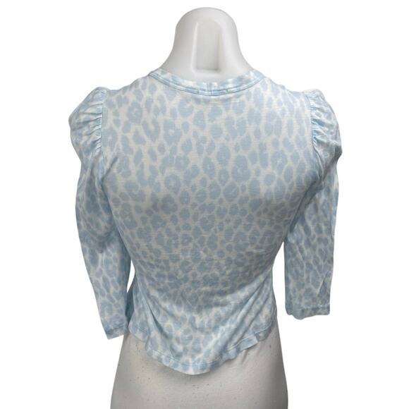 A.L.C Karlie Women's Blue Leopard Animal Print Puff Half Sleeve Blouse Top Sz XS - Picture 3 of 5